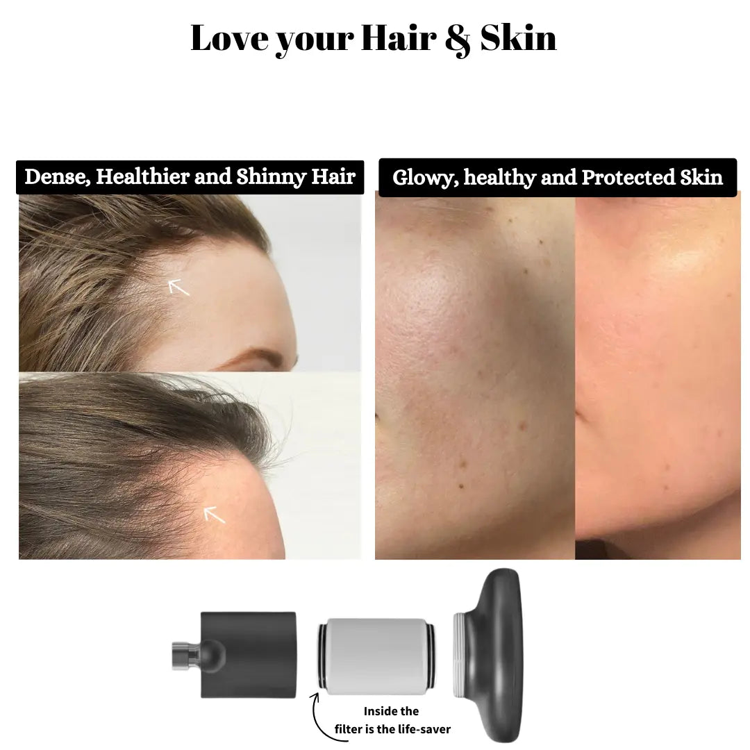 Before and after results of using a shower filter for thicker hair and skin hydration.